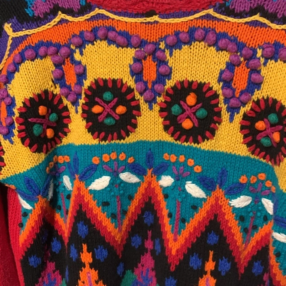 Vintage 90s 3D Knit & Crochet Floral & Hearts Fun Sweater Woman’s Large XL - Picture 4 of 17